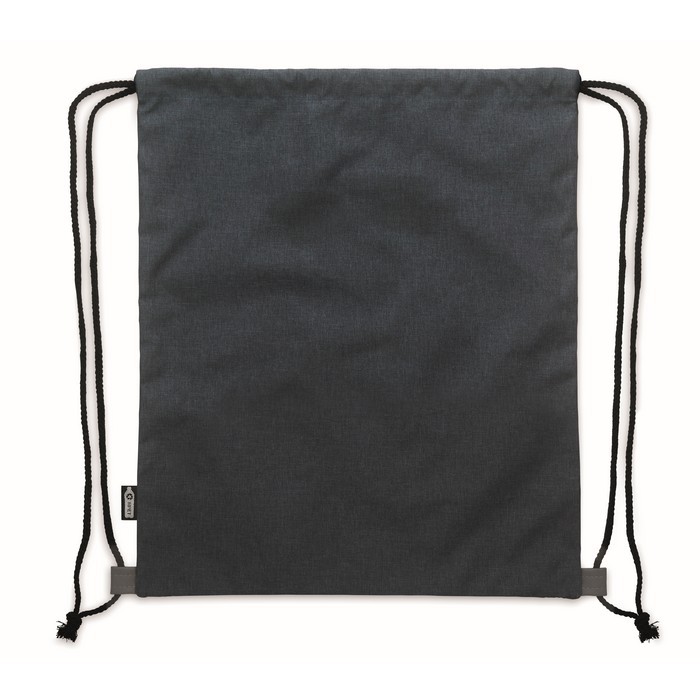 Mochila de cuerdas de poliéster RPET con detalle de cuero en la base color azul marino tercera vista Mochila de cuerdas de poliéster RPET con detalle de cuero en la base color azul marino tercera vista