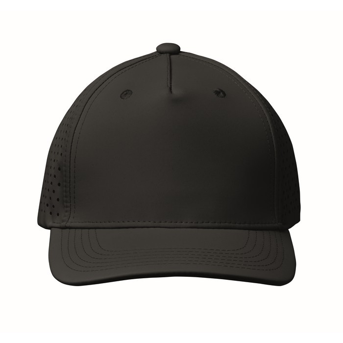 Gorra de poliéster con agujeros de ventilación y repelente al agua color negro cuarta vista