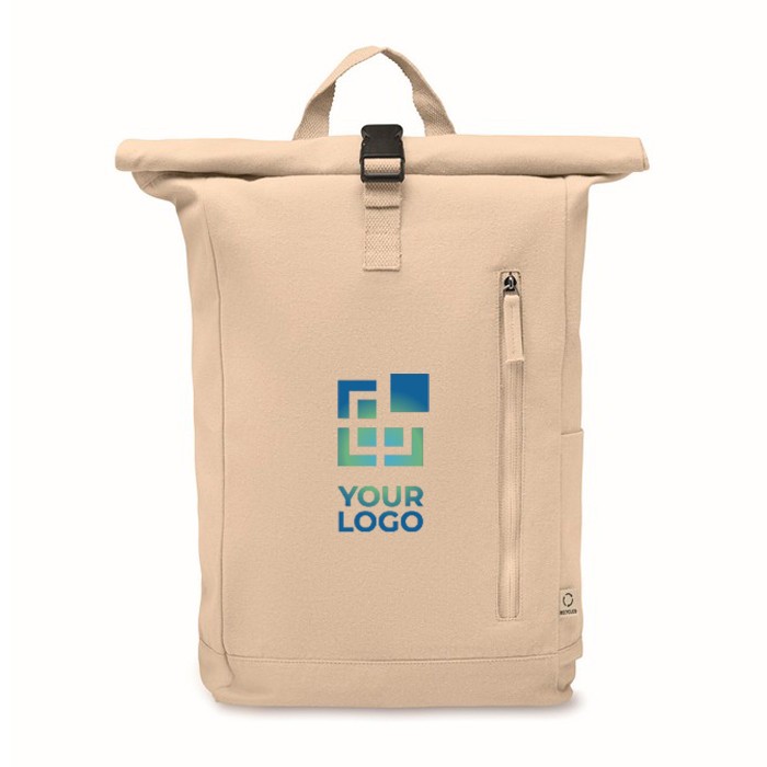 Mochila de cierre roll top de algodón reciclado con cremallera delante color beige vista de impresión Mochila de cierre roll top de algodón reciclado con cremallera delante color beige vista de impresión