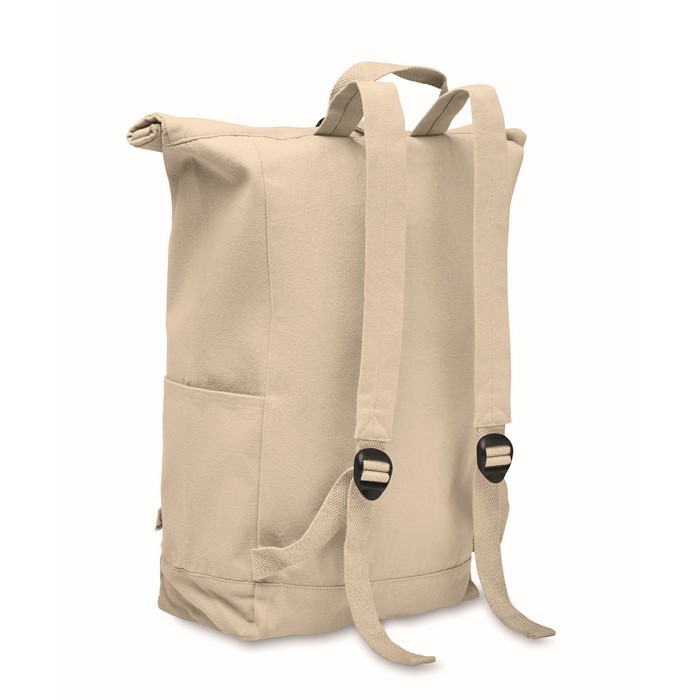 Mochila de cierre roll top de algodón reciclado con cremallera delante color beige segunda vista Mochila de cierre roll top de algodón reciclado con cremallera delante color beige segunda vista