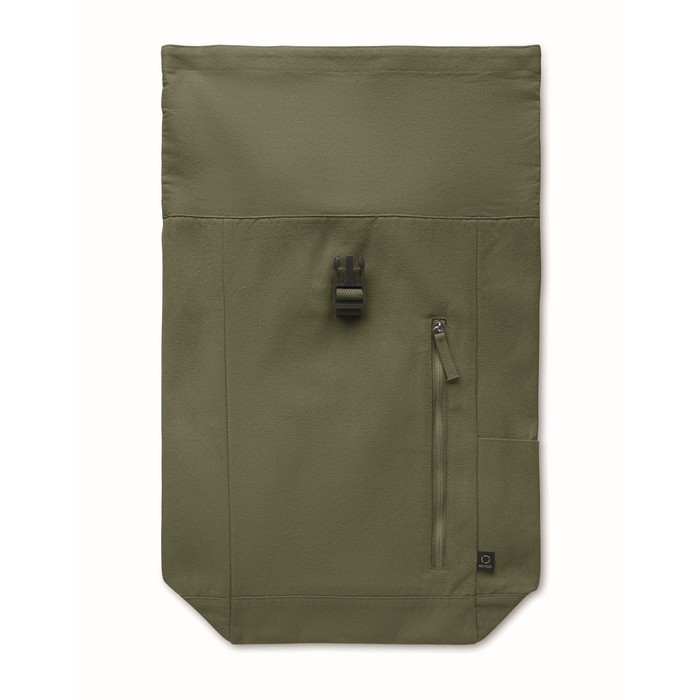 Mochila de cierre roll top de algodón reciclado con cremallera delante color verde militar octava vista Mochila de cierre roll top de algodón reciclado con cremallera delante color verde militar octava vista