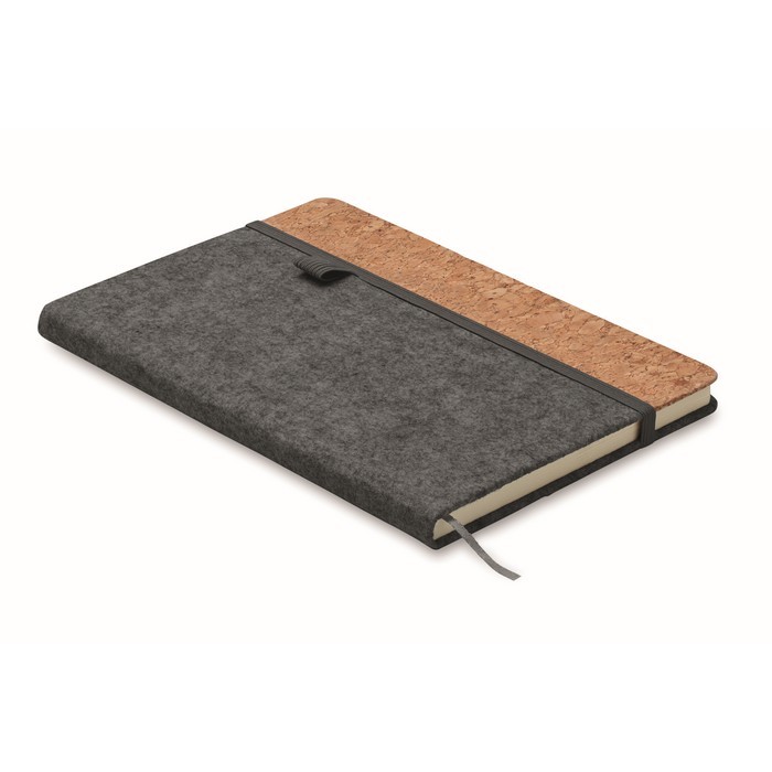 Libreta con tapa de fieltro RPET y corcho páginas a rayas A5 color gris oscuro