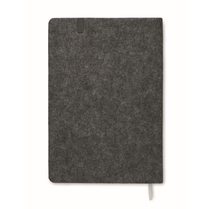 Libreta con tapa de fieltro RPET y corcho páginas a rayas A5 color gris oscuro tercera vista