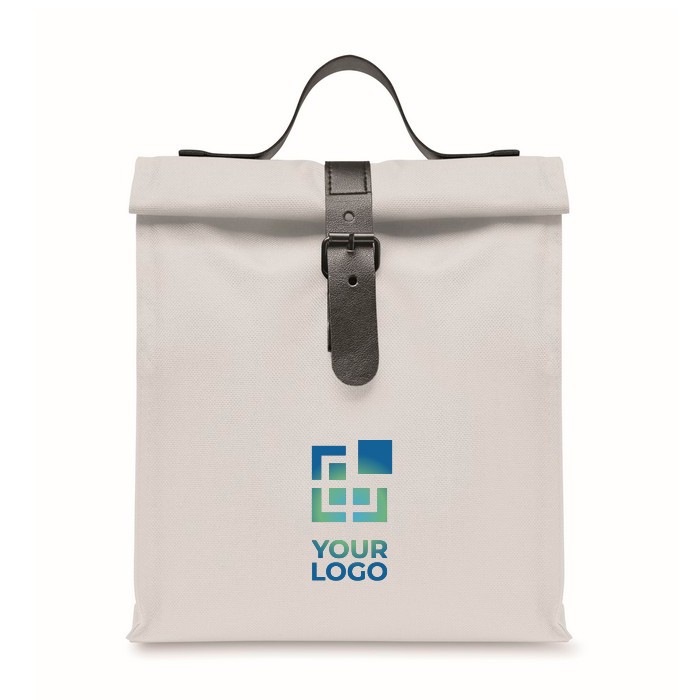 Bolsa nevera rolltop de poliéster con asa y cierre de cuero color blanco vista de impresión Bolsa nevera rolltop de poliéster con asa y cierre de cuero color blanco vista de impresión