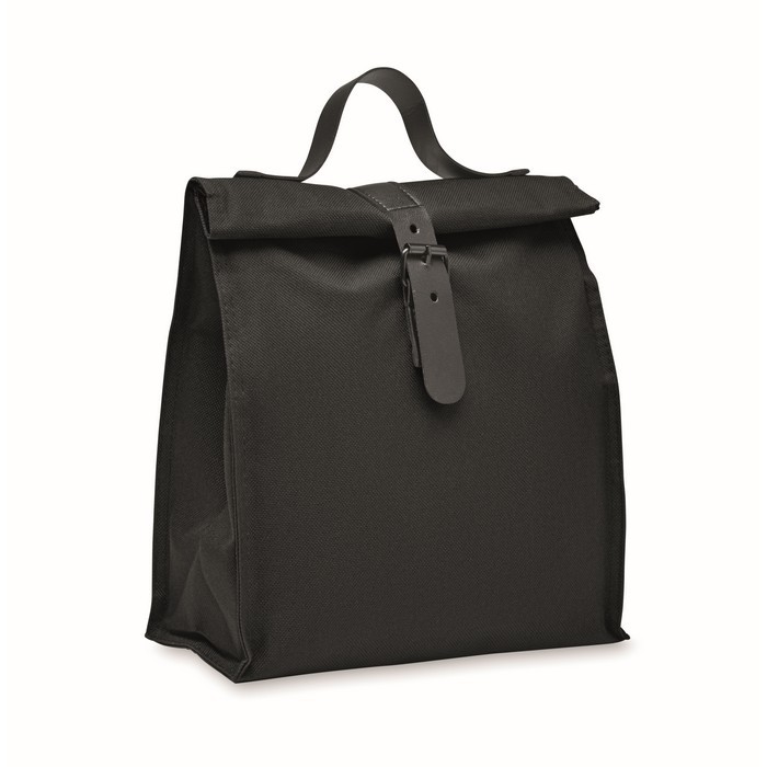 Bolsa nevera rolltop de poliéster con asa y cierre de cuero color negro Bolsa nevera rolltop de poliéster con asa y cierre de cuero color negro
