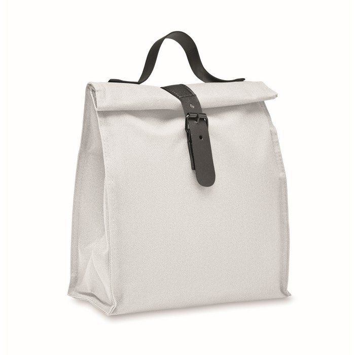 Bolsa nevera rolltop de poliéster con asa y cierre de cuero color blanco Bolsa nevera rolltop de poliéster con asa y cierre de cuero color blanco