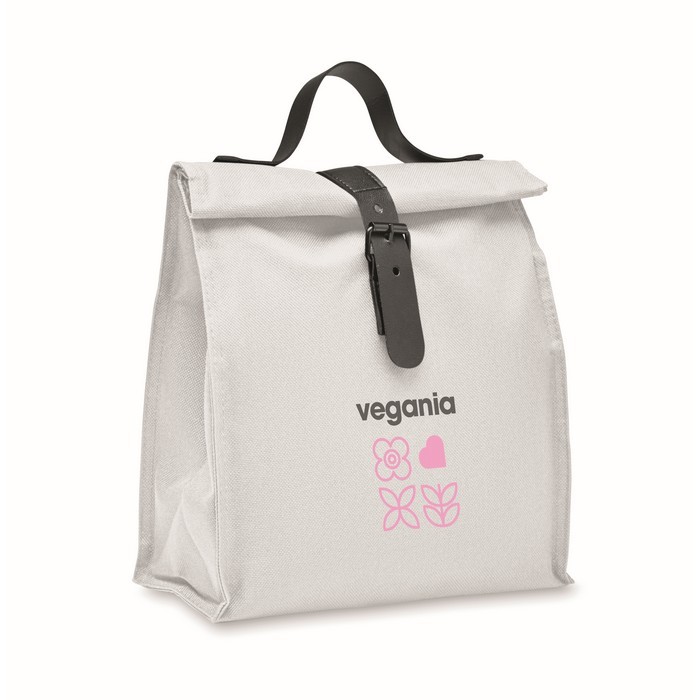 Bolsa nevera rolltop de poliéster con asa y cierre de cuero color blanco vista principal Bolsa nevera rolltop de poliéster con asa y cierre de cuero color blanco vista principal