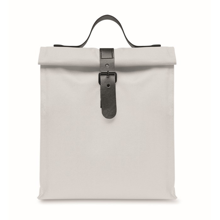Bolsa nevera rolltop de poliéster con asa y cierre de cuero color blanco segunda vista Bolsa nevera rolltop de poliéster con asa y cierre de cuero color blanco segunda vista
