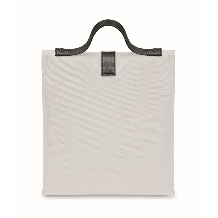 Bolsa nevera rolltop de poliéster con asa y cierre de cuero color blanco tercera vista Bolsa nevera rolltop de poliéster con asa y cierre de cuero color blanco tercera vista
