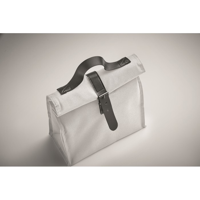 Bolsa nevera rolltop de poliéster con asa y cierre de cuero color blanco vista fotografía quinta vista Bolsa nevera rolltop de poliéster con asa y cierre de cuero color blanco vista fotografía quinta vista