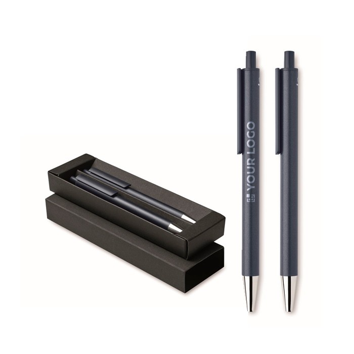 Caja con bolígrafo de tinta grafito y el otro tinta azul color azul marino vista de impresión Caja con bolígrafo de tinta grafito y el otro tinta azul color azul marino vista de impresión