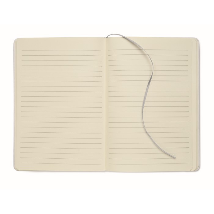 Libreta con banda elástica y marca páginas a color páginas a rayas A5 color plateado segunda vista