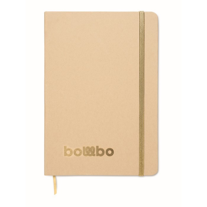 Libreta de cartón con banda y marca páginas a color hojas a rayas A5 color dorado vista principal cuarta vista Libreta de cartón con banda y marca páginas a color hojas a rayas A5 color dorado vista principal cuarta vista