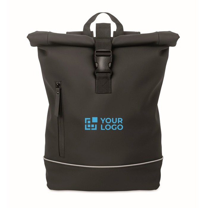 Mochila de cierre roll top con tira reflectante e impermeable 15'' color negro vista de impresión Mochila de cierre roll top con tira reflectante e impermeable 15'' color negro vista de impresión