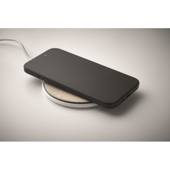 Cargador inalámbrico de teléfono hecho de algodón y corcho 15W color blanco vista fotografía cuarta vista Cargador inalámbrico de teléfono hecho de algodón y corcho 15W color blanco vista fotografía cuarta vista