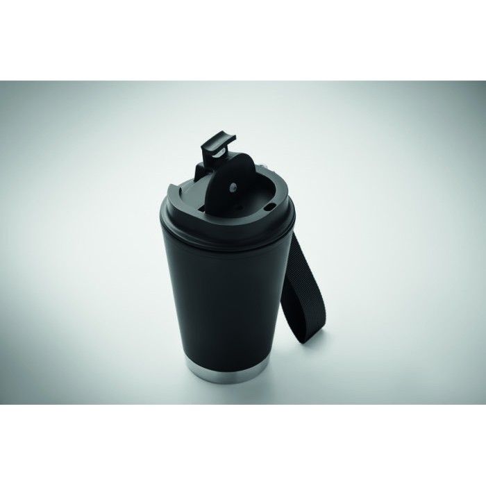 Vaso de doble pared para llevar con correa de RPET 300ml color negro Vaso de doble pared para llevar con correa de RPET 300ml color negro