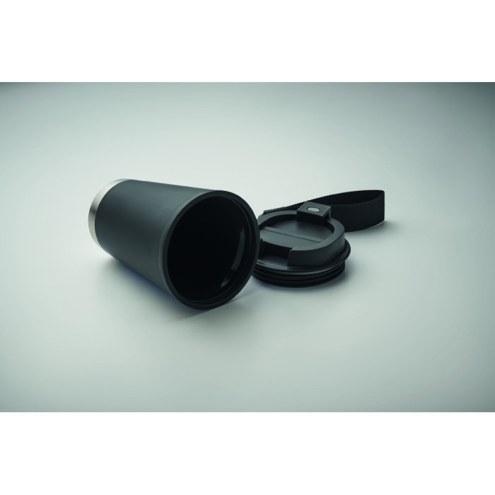 Vaso de doble pared para llevar con correa de RPET 300ml color negro Vaso de doble pared para llevar con correa de RPET 300ml color negro