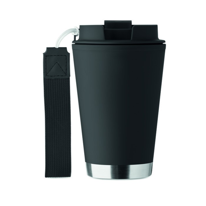 Vaso de doble pared para llevar con correa de RPET 300ml color negro sexta vista Vaso de doble pared para llevar con correa de RPET 300ml color negro sexta vista