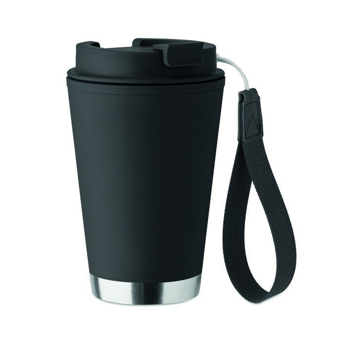 Vaso de doble pared para llevar con correa de RPET 300ml color negro Vaso de doble pared para llevar con correa de RPET 300ml color negro