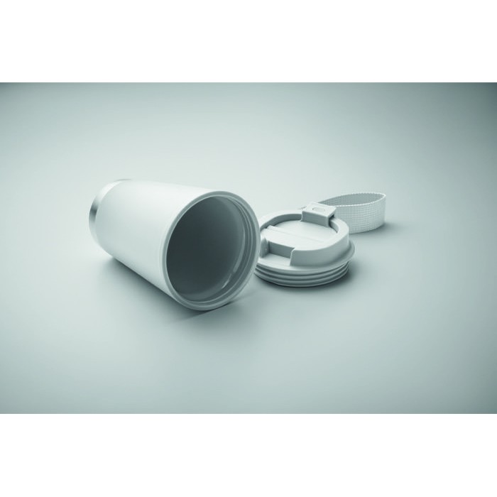 Vaso de doble pared para llevar con correa de RPET 300ml color blanco Vaso de doble pared para llevar con correa de RPET 300ml color blanco