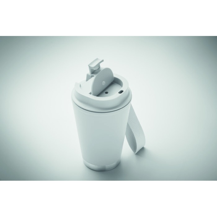 Vaso de doble pared para llevar con correa de RPET 300ml color blanco Vaso de doble pared para llevar con correa de RPET 300ml color blanco