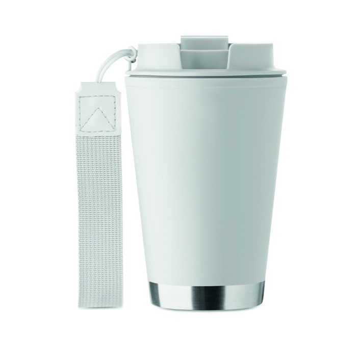Vaso de doble pared para llevar con correa de RPET 300ml color blanco sexta vista Vaso de doble pared para llevar con correa de RPET 300ml color blanco sexta vista