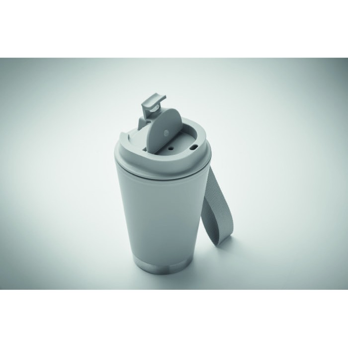 Vaso de doble pared para llevar con correa de RPET 300ml color gris Vaso de doble pared para llevar con correa de RPET 300ml color gris