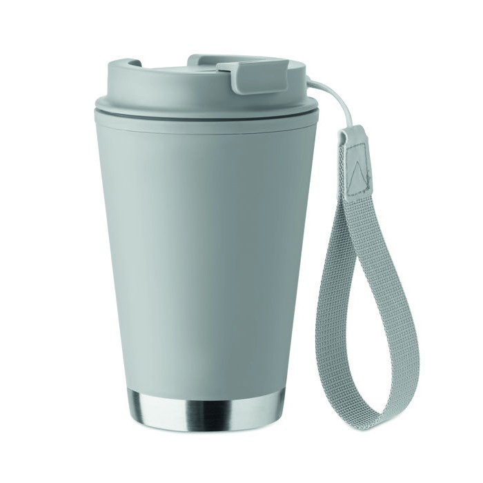 Vaso de doble pared para llevar con correa de RPET 300ml color gris Vaso de doble pared para llevar con correa de RPET 300ml color gris