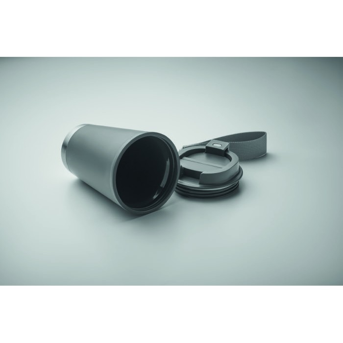 Vaso de doble pared para llevar con correa de RPET 300ml color gris oscuro Vaso de doble pared para llevar con correa de RPET 300ml color gris oscuro