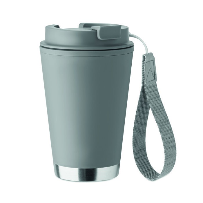 Vaso de doble pared para llevar con correa de RPET 300ml color gris oscuro Vaso de doble pared para llevar con correa de RPET 300ml color gris oscuro