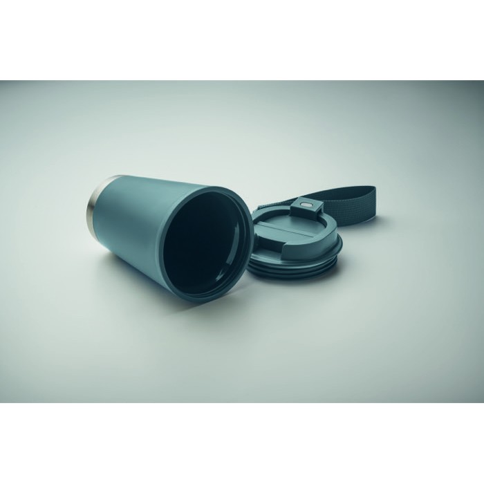 Vaso de doble pared para llevar con correa de RPET 300ml color negro mate Vaso de doble pared para llevar con correa de RPET 300ml color negro mate
