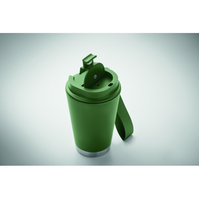 Vaso de doble pared para llevar con correa de RPET 300ml color verde oscuro Vaso de doble pared para llevar con correa de RPET 300ml color verde oscuro