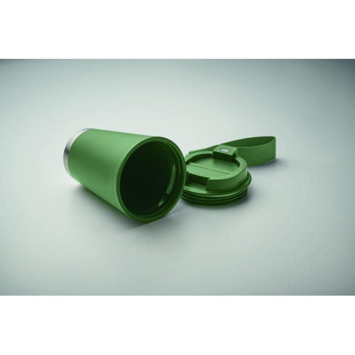 Vaso de doble pared para llevar con correa de RPET 300ml color verde oscuro Vaso de doble pared para llevar con correa de RPET 300ml color verde oscuro