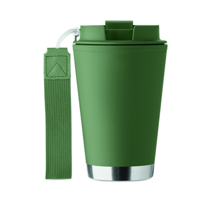 Vaso de doble pared para llevar con correa de RPET 300ml color verde oscuro sexta vista Vaso de doble pared para llevar con correa de RPET 300ml color verde oscuro sexta vista