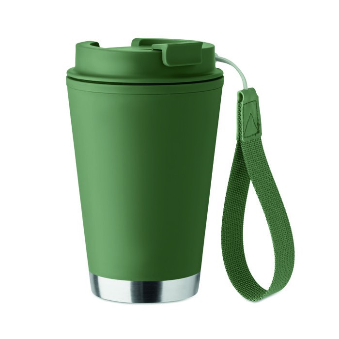 Vaso de doble pared para llevar con correa de RPET 300ml color verde oscuro Vaso de doble pared para llevar con correa de RPET 300ml color verde oscuro