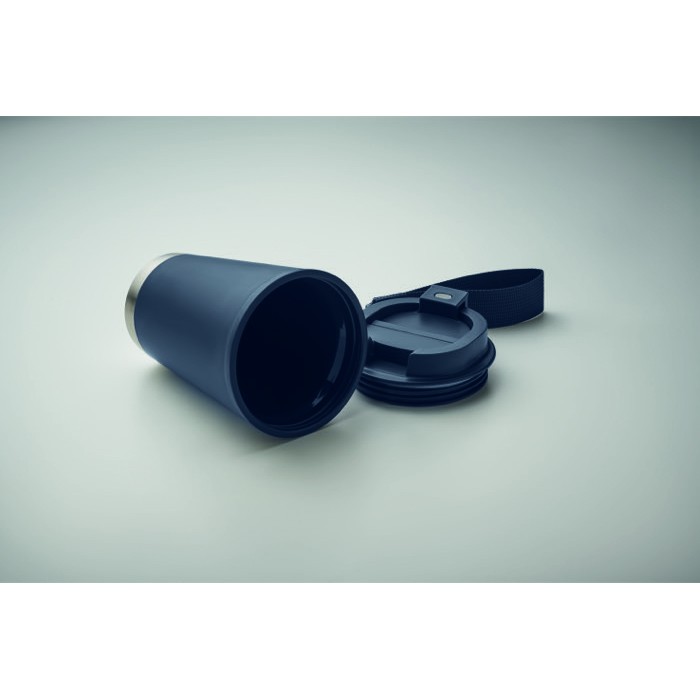 Vaso de doble pared para llevar con correa de RPET 300ml color azul marino Vaso de doble pared para llevar con correa de RPET 300ml color azul marino