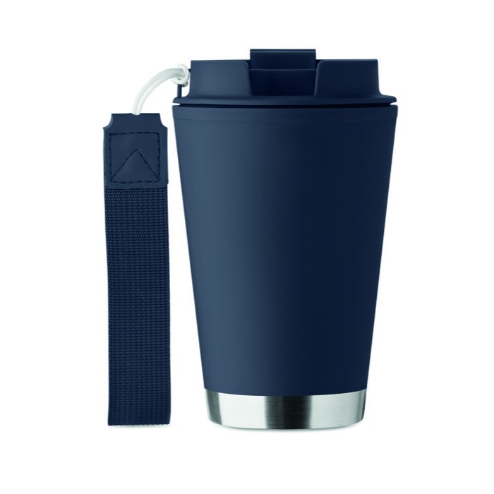 Vaso de doble pared para llevar con correa de RPET 300ml color azul marino sexta vista Vaso de doble pared para llevar con correa de RPET 300ml color azul marino sexta vista
