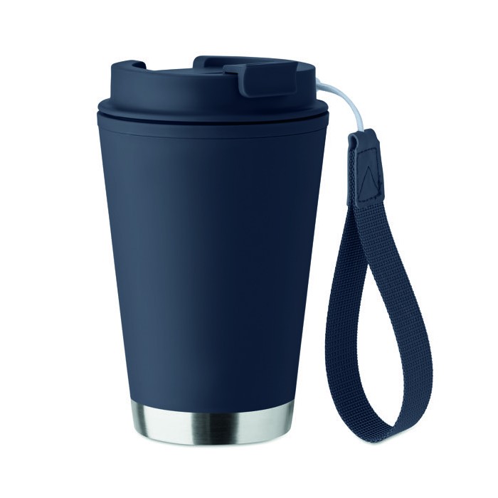Vaso de doble pared para llevar con correa de RPET 300ml color azul marino Vaso de doble pared para llevar con correa de RPET 300ml color azul marino