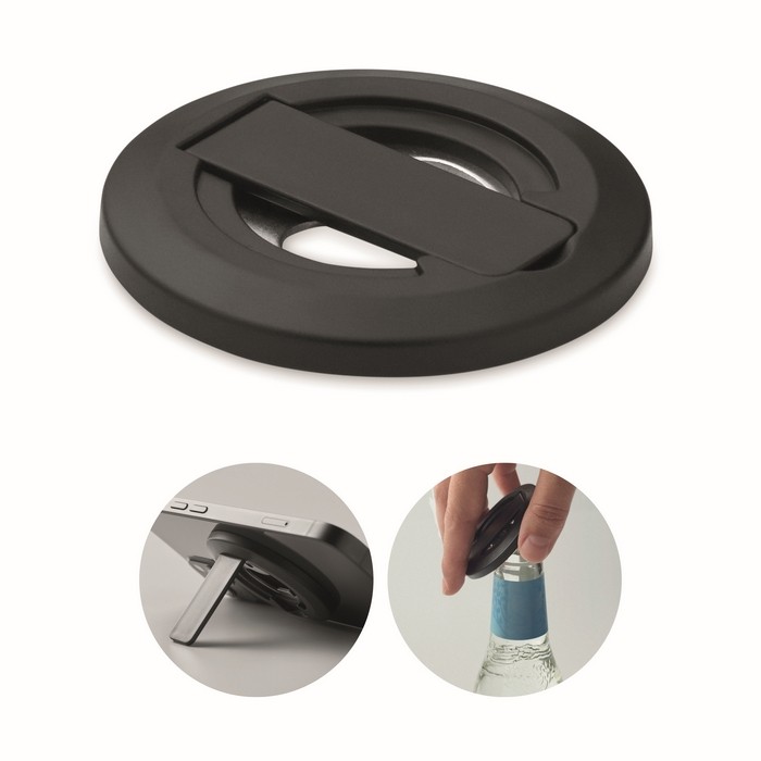 Soporte circular magnético para iPhone® con un abrebotellas incluido color negro Soporte circular magnético para iPhone® con un abrebotellas incluido color negro