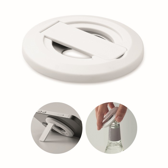 Soporte circular magnético para iPhone® con un abrebotellas incluido color blanco Soporte circular magnético para iPhone® con un abrebotellas incluido color blanco