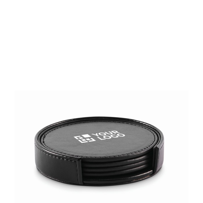 Set de 4 posavasos y un porta posavasos a juego de cuero sintético color negro vista de impresión