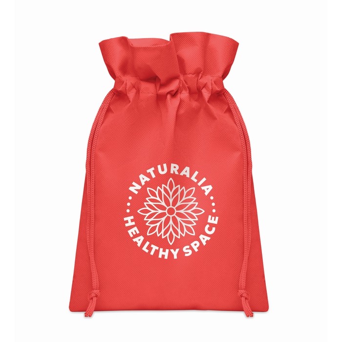 Bolsita de cuerdas pequeña unicolor para regalo de RPET 20x30cm color rojo vista principal Bolsita de cuerdas pequeña unicolor para regalo de RPET 20x30cm color rojo vista principal