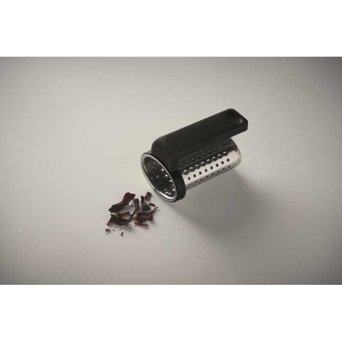 Infusor de té hecho de acero inoxidable con gancho de plástico color negro vista fotografía cuarta vista Infusor de té hecho de acero inoxidable con gancho de plástico color negro vista fotografía cuarta vista