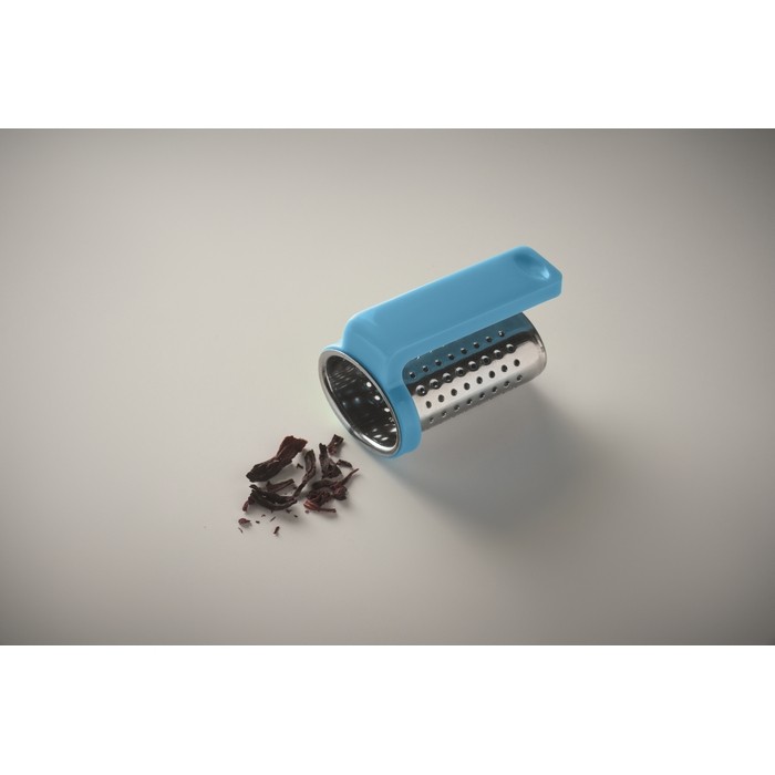 Infusor de té hecho de acero inoxidable con gancho de plástico color turquesa vista fotografía cuarta vista Infusor de té hecho de acero inoxidable con gancho de plástico color turquesa vista fotografía cuarta vista