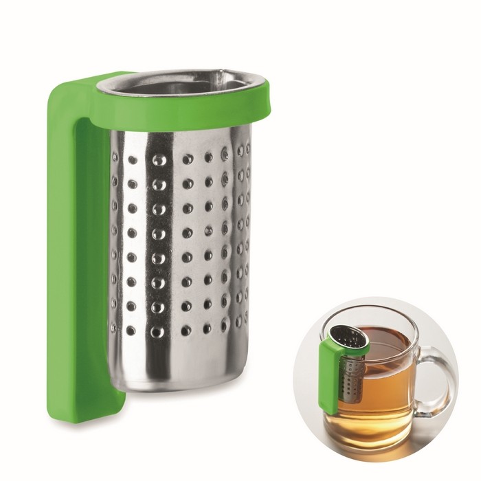 Infusor de té hecho de acero inoxidable con gancho de plástico color verde lima Infusor de té hecho de acero inoxidable con gancho de plástico color verde lima