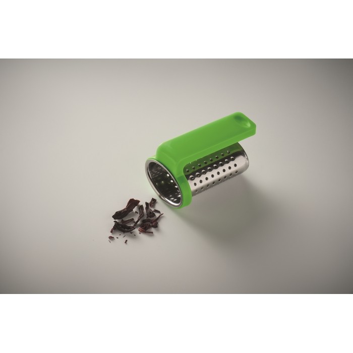 Infusor de té hecho de acero inoxidable con gancho de plástico color verde lima vista fotografía cuarta vista Infusor de té hecho de acero inoxidable con gancho de plástico color verde lima vista fotografía cuarta vista