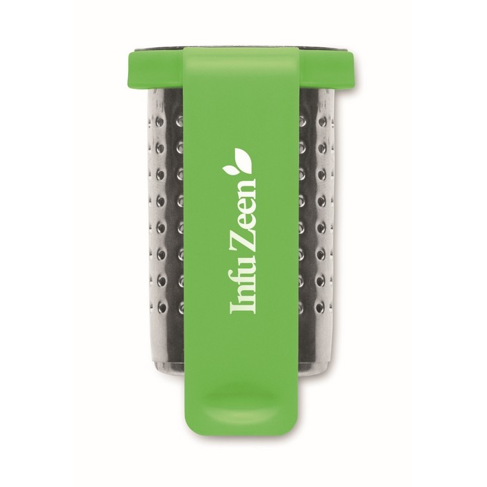 Infusor de té hecho de acero inoxidable con gancho de plástico color verde lima vista principal quinta vista Infusor de té hecho de acero inoxidable con gancho de plástico color verde lima vista principal quinta vista