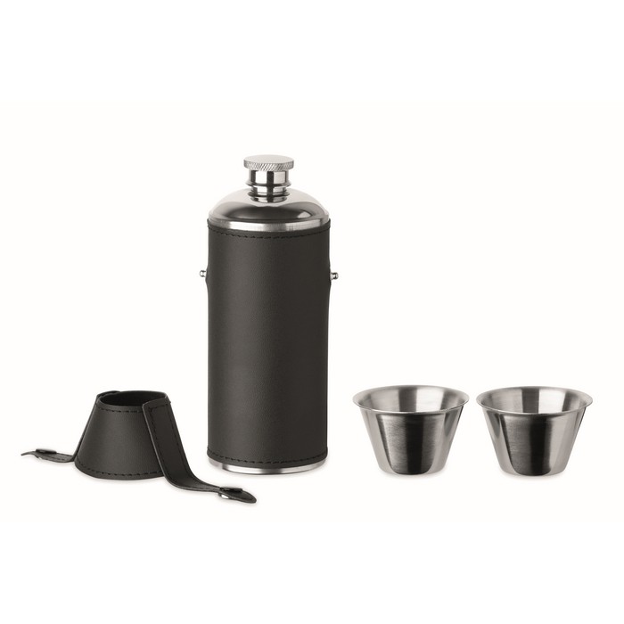 Petaca de acero inoxidable con 2 vasos de chupito 230ml y 20ml color negro segunda vista Petaca de acero inoxidable con 2 vasos de chupito 230ml y 20ml color negro segunda vista