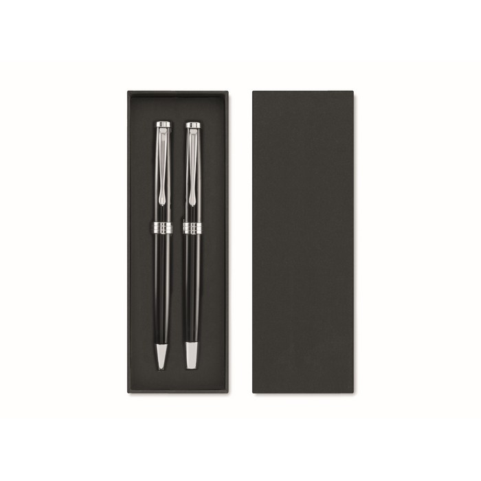 Set de bolígrafo tinta azul y roller tinta negra en estuche color negro segunda vista Set de bolígrafo tinta azul y roller tinta negra en estuche color negro segunda vista