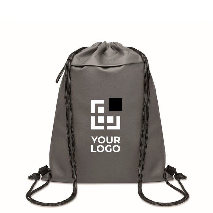 Mochila de cuerdas de RPET y PU con un bolsillo frontal color gris oscuro vista de impresión